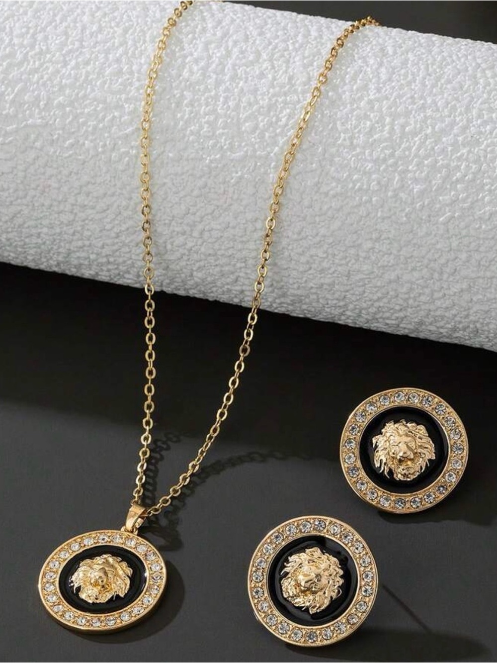 Gold Medallion Necklace and Stud Earrings - Black and Gold